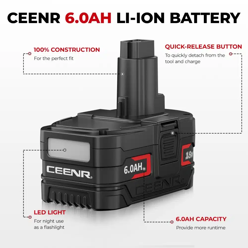 CEENR 6.0Ah Battery for DeWalt 18V | Replacement Model DC9096 — detail view