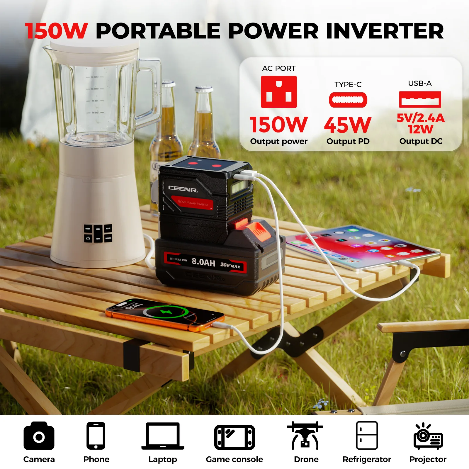 CEENR 150W inverter: AC outlet, USB-C and USB-A ports and LED light