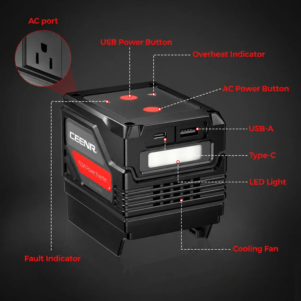 CEENR 150W Portable Power Inverter for Einhell 18V Batteries — detail view