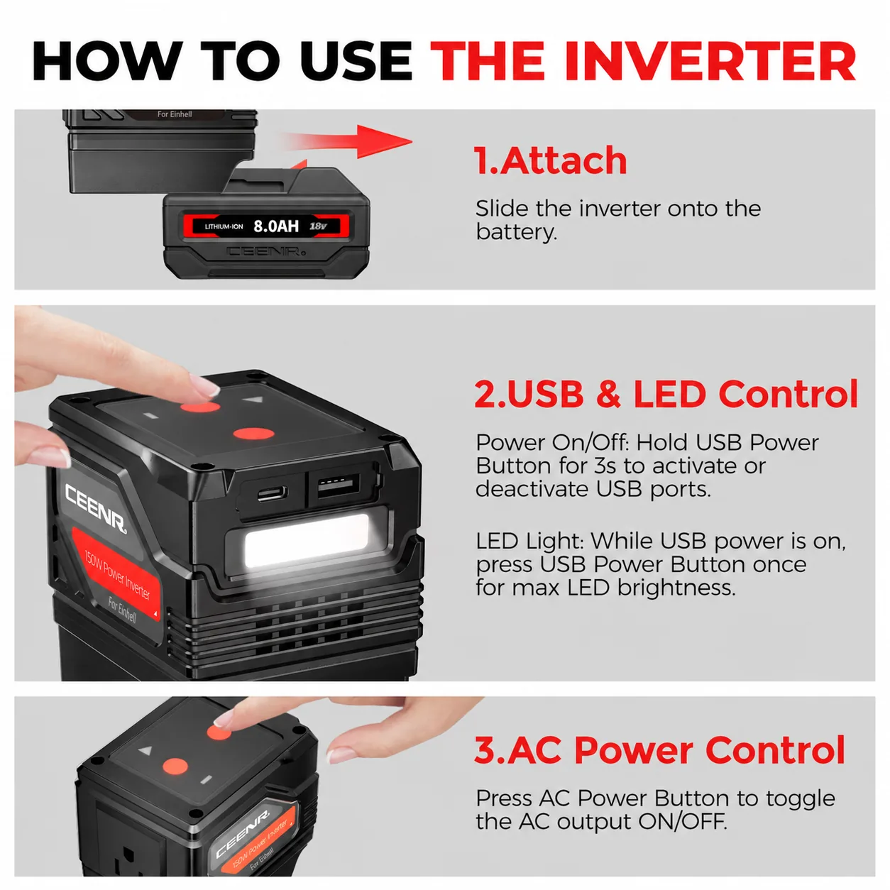 CEENR 150W Portable Power Inverter for Einhell 18V Batteries — detail view
