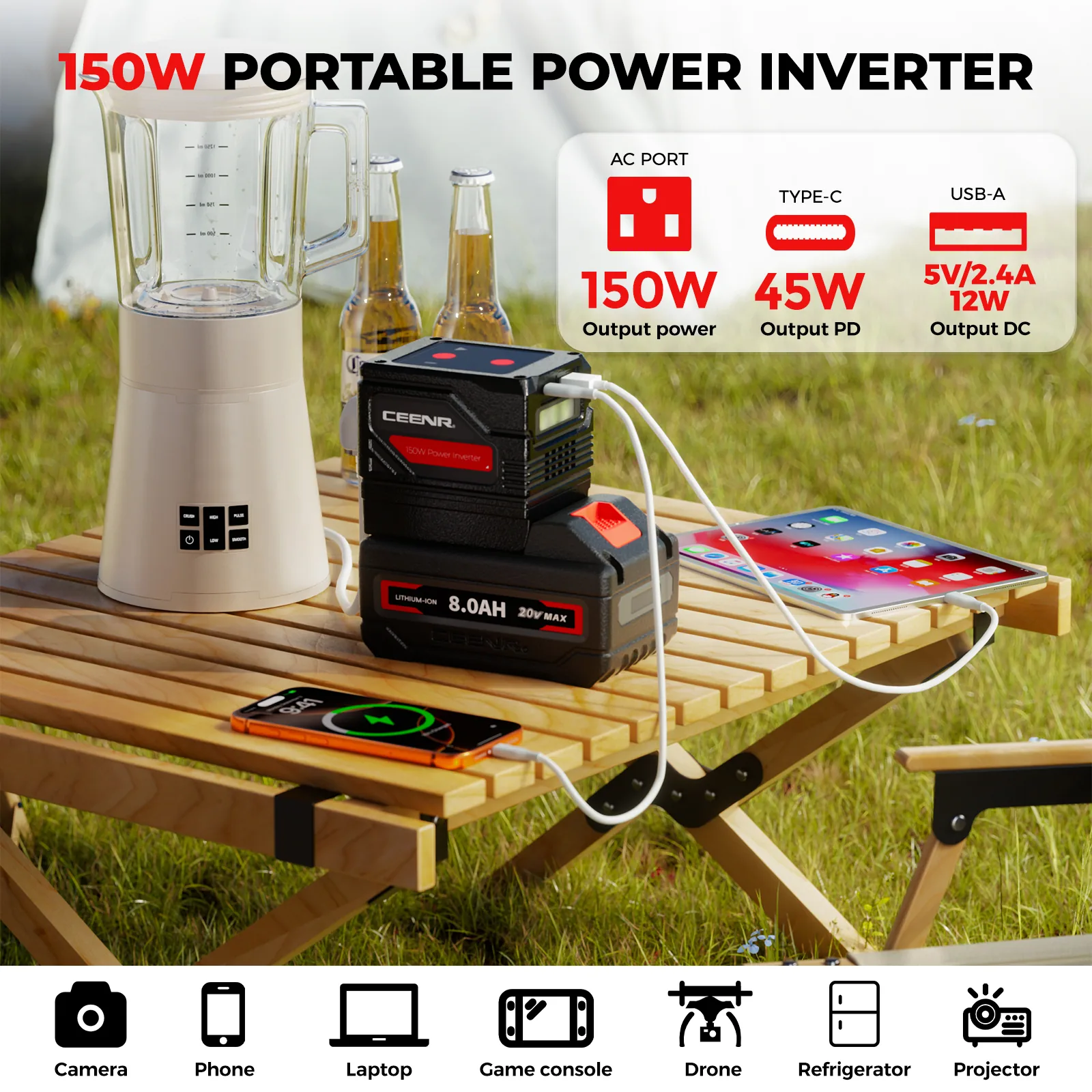 CEENR 150W Portable Power Inverter for Worx 20V WA3408 Batteries — detail view