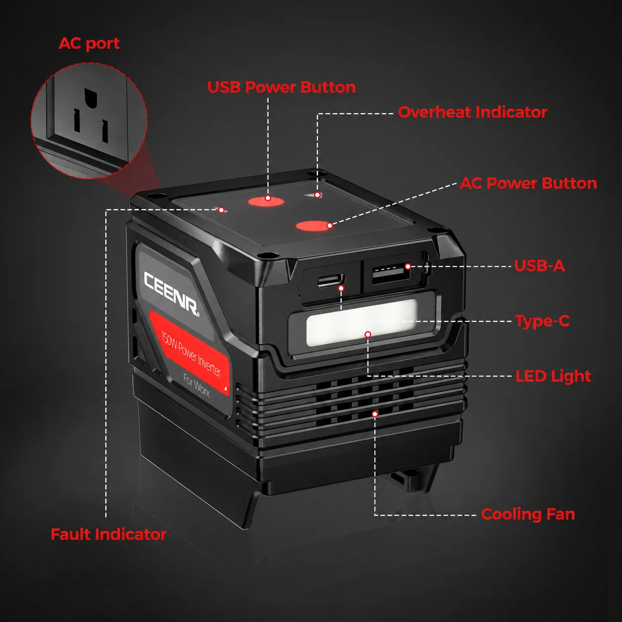 CEENR 150W Portable Power Inverter for Worx 20V WA3408 Batteries — detail view