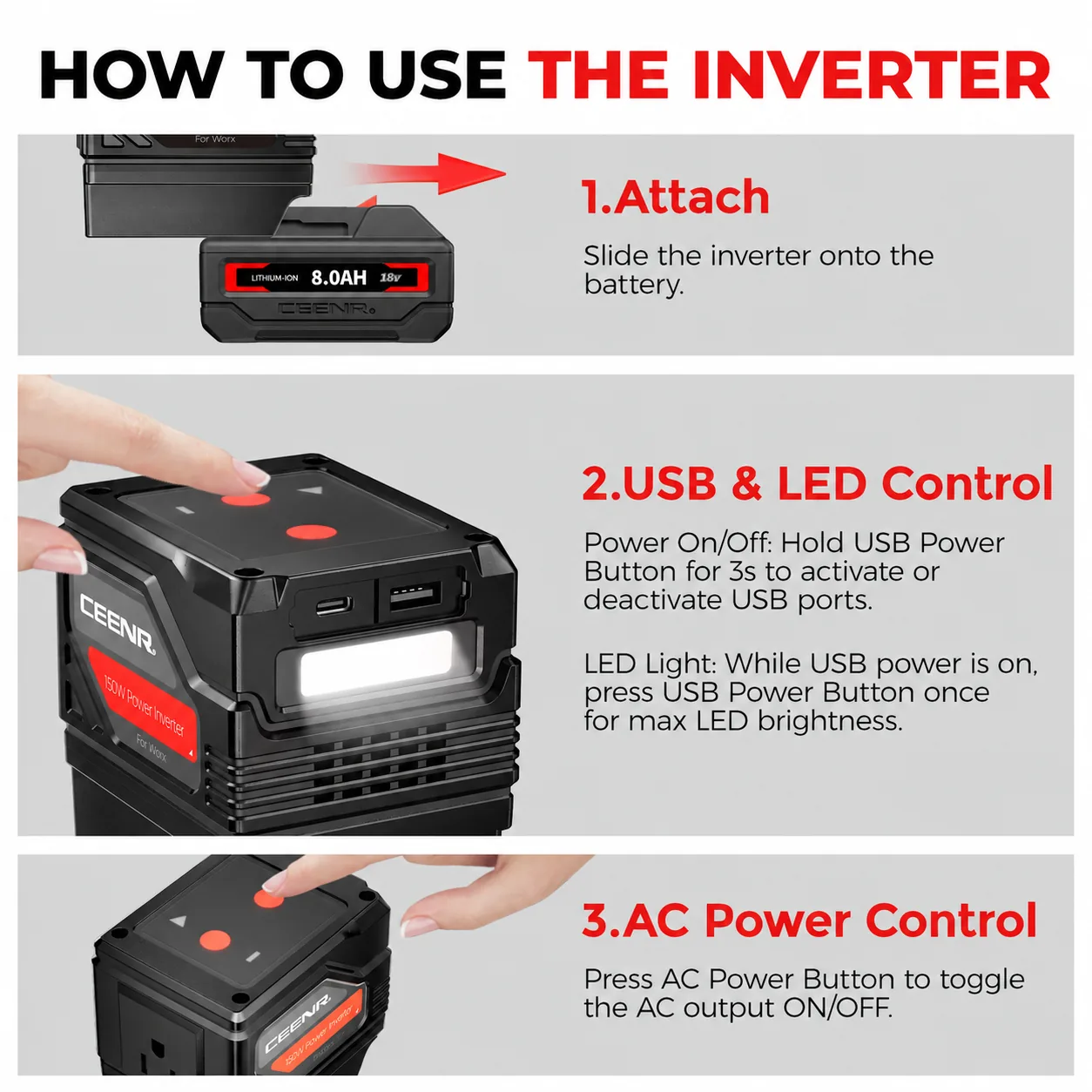 CEENR 150W Portable Power Inverter for Worx 20V WA3551 Batteries — detail view