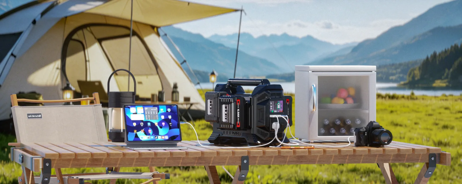 CEENR 300W inverter powering a laptop and devices at a campsite