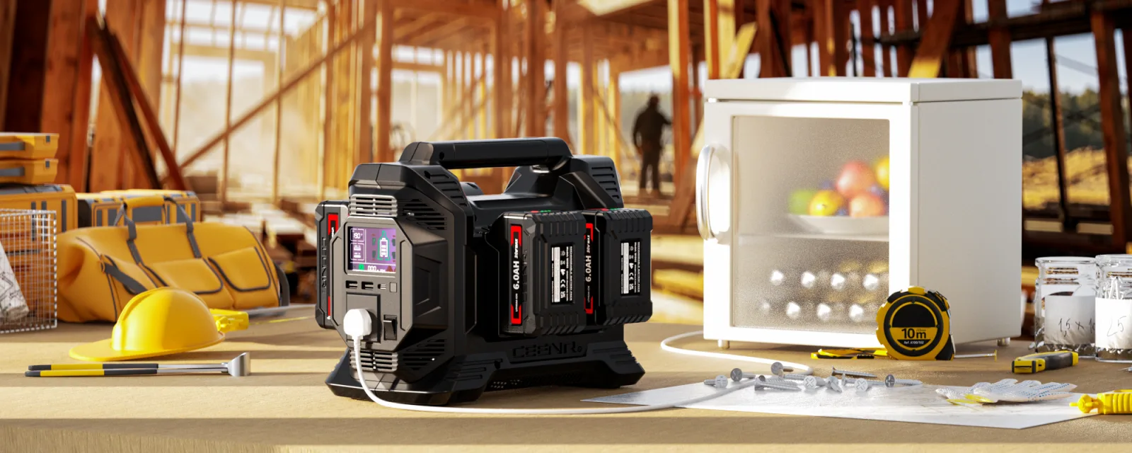CEENR 300W inverter on a jobsite workbench