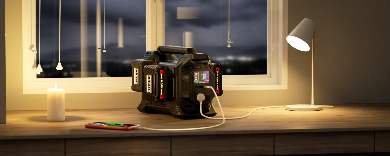 CEENR 300W inverter running a lamp and charging a phone during a power outage